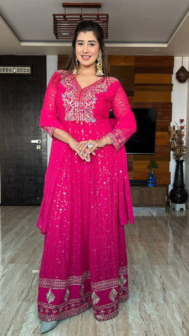 Superhit Pink Color Pure Georgette With Heavy Embroidery Sequence Work Designer Gown