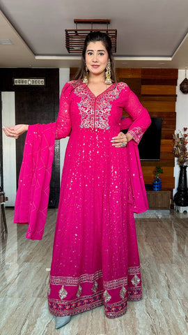 Superhit Pink Color Pure Georgette With Heavy Embroidery Sequence Work Designer Gown