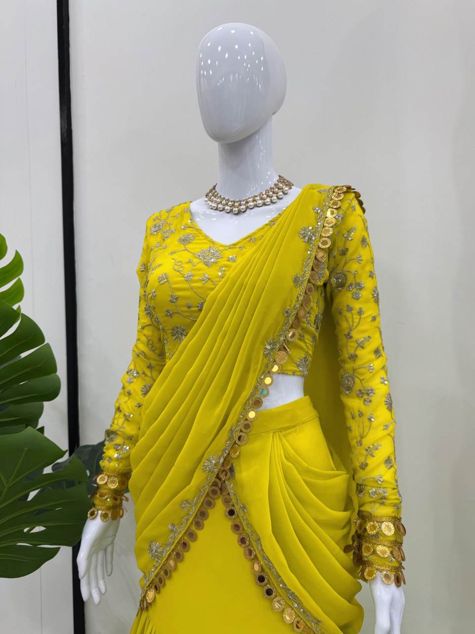 Ravishing Lemon Color Faux Georgette And Thread With Sequence Work Ready Wear Lehenga Saree