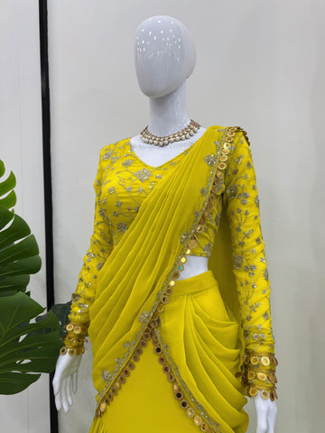 Ravishing Lemon Color Faux Georgette And Thread With Sequence Work Ready Wear Lehenga Saree