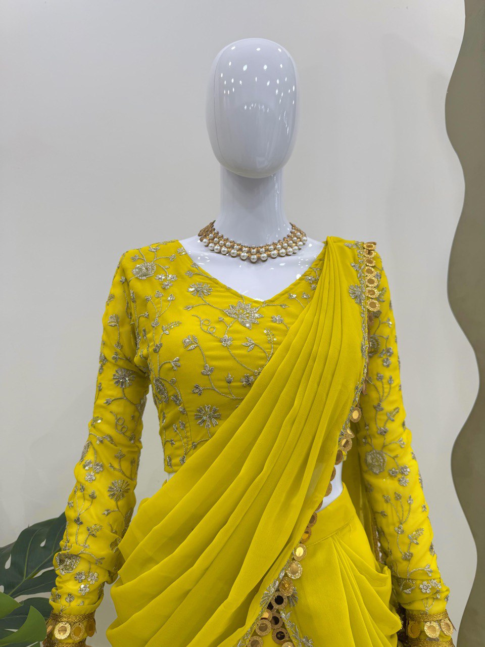 Ravishing Lemon Color Faux Georgette And Thread With Sequence Work Ready Wear Lehenga Saree