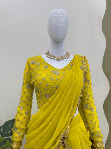 Ravishing Lemon Color Faux Georgette And Thread With Sequence Work Ready Wear Lehenga Saree