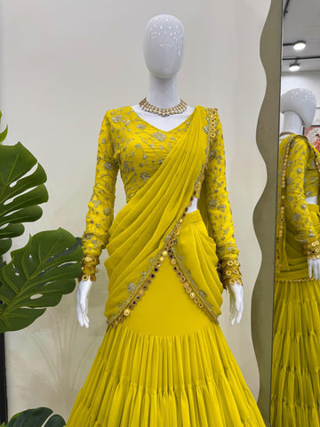Ravishing Lemon Color Faux Georgette And Thread With Sequence Work Ready Wear Lehenga Saree