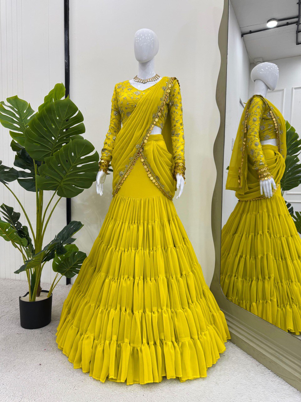 Ravishing Lemon Color Faux Georgette And Thread With Sequence Work Ready Wear Lehenga Saree