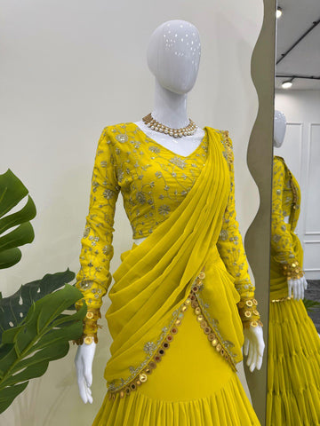Ravishing Lemon Color Faux Georgette And Thread With Sequence Work Ready Wear Lehenga Saree