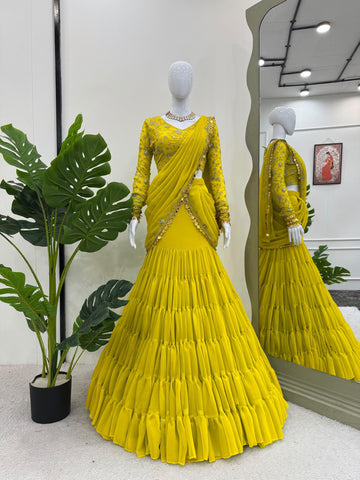 Ravishing Lemon Color Faux Georgette And Thread With Sequence Work Ready Wear Lehenga Saree