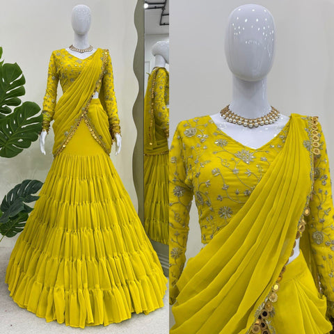 Ravishing Lemon Color Faux Georgette And Thread With Sequence Work Ready Wear Lehenga Saree