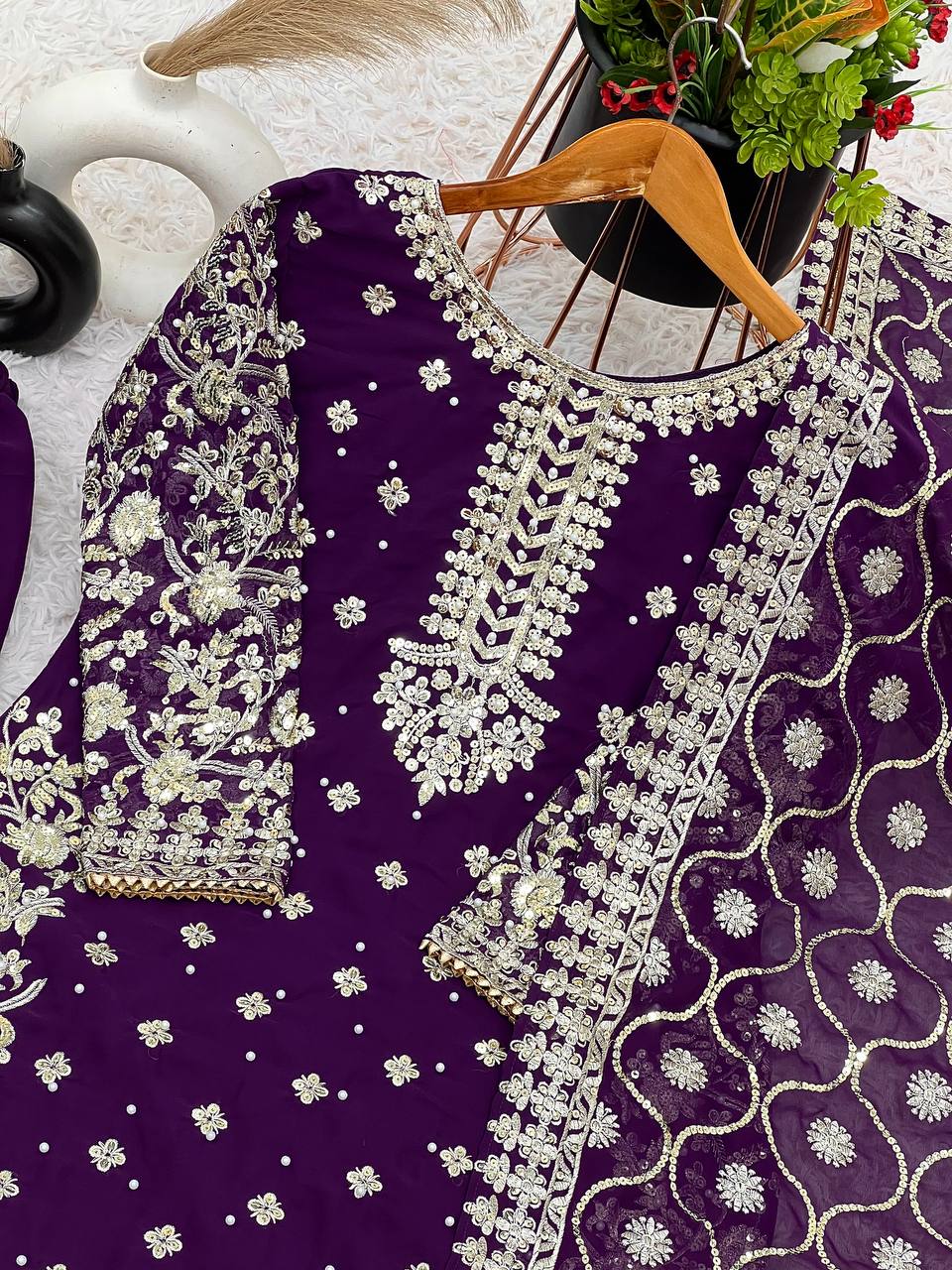 Exclusive Purple Color Heavy Faux Georgette With 5mm Embroidery Sequence Work Salwar Suit