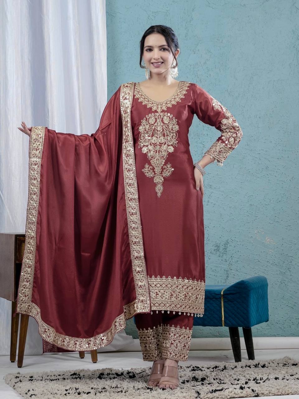 Wedding Wear Brown Color Pure Chinon Silk With Heavy Embroidery Coding Sequence Work Salwar Suit