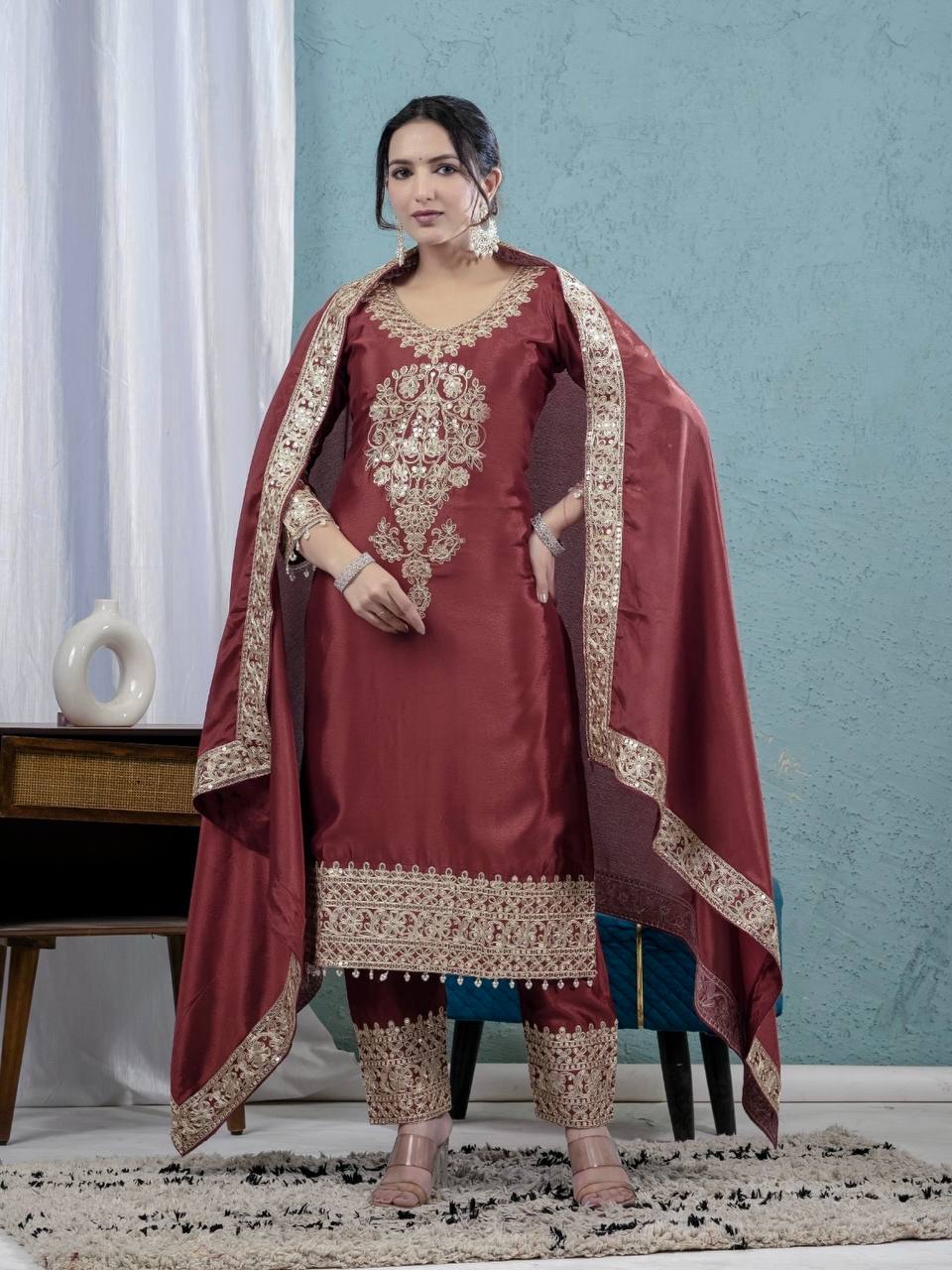 Wedding Wear Brown Color Pure Chinon Silk With Heavy Embroidery Coding Sequence Work Salwar Suit