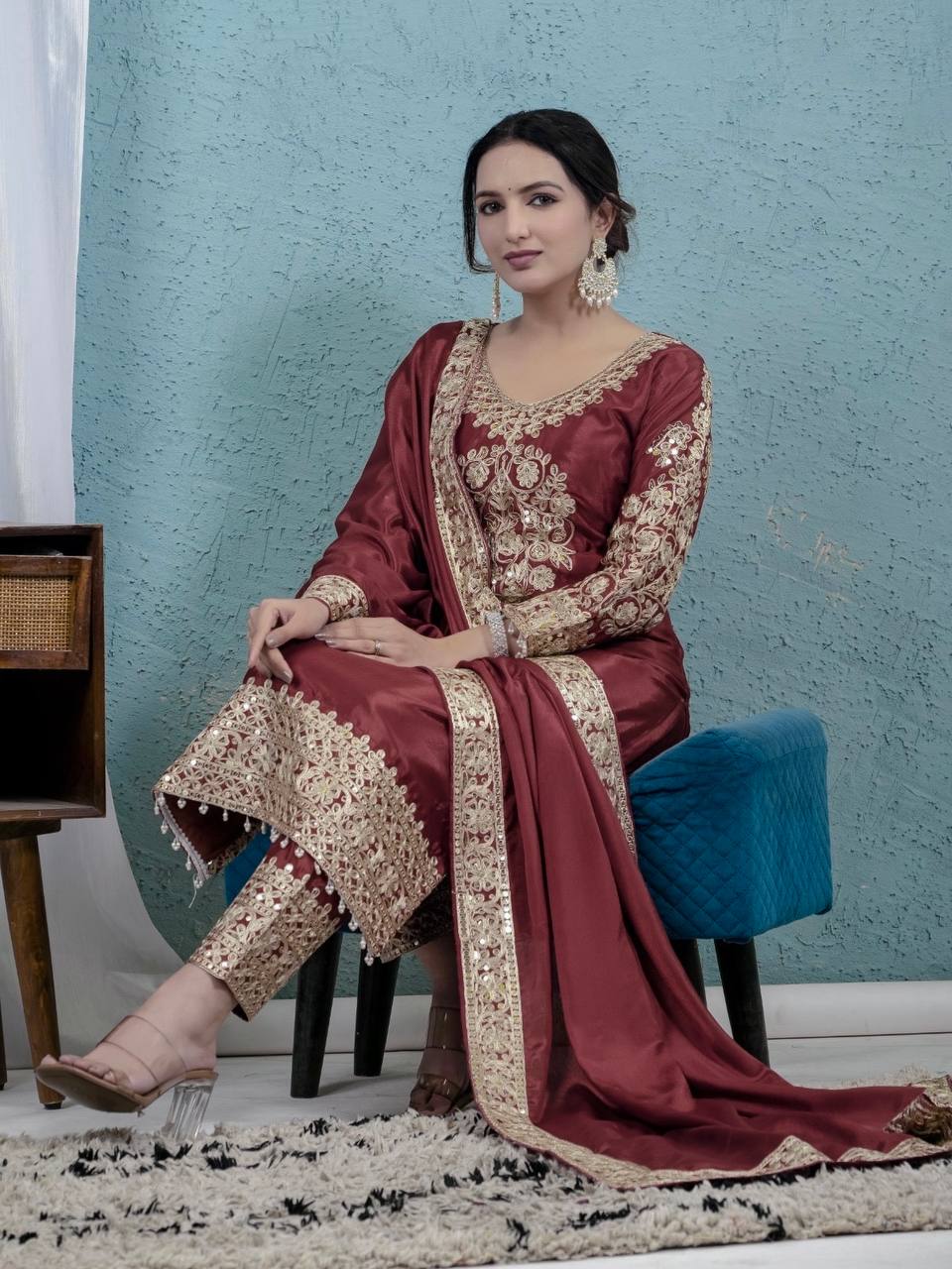 Wedding Wear Brown Color Pure Chinon Silk With Heavy Embroidery Coding Sequence Work Salwar Suit