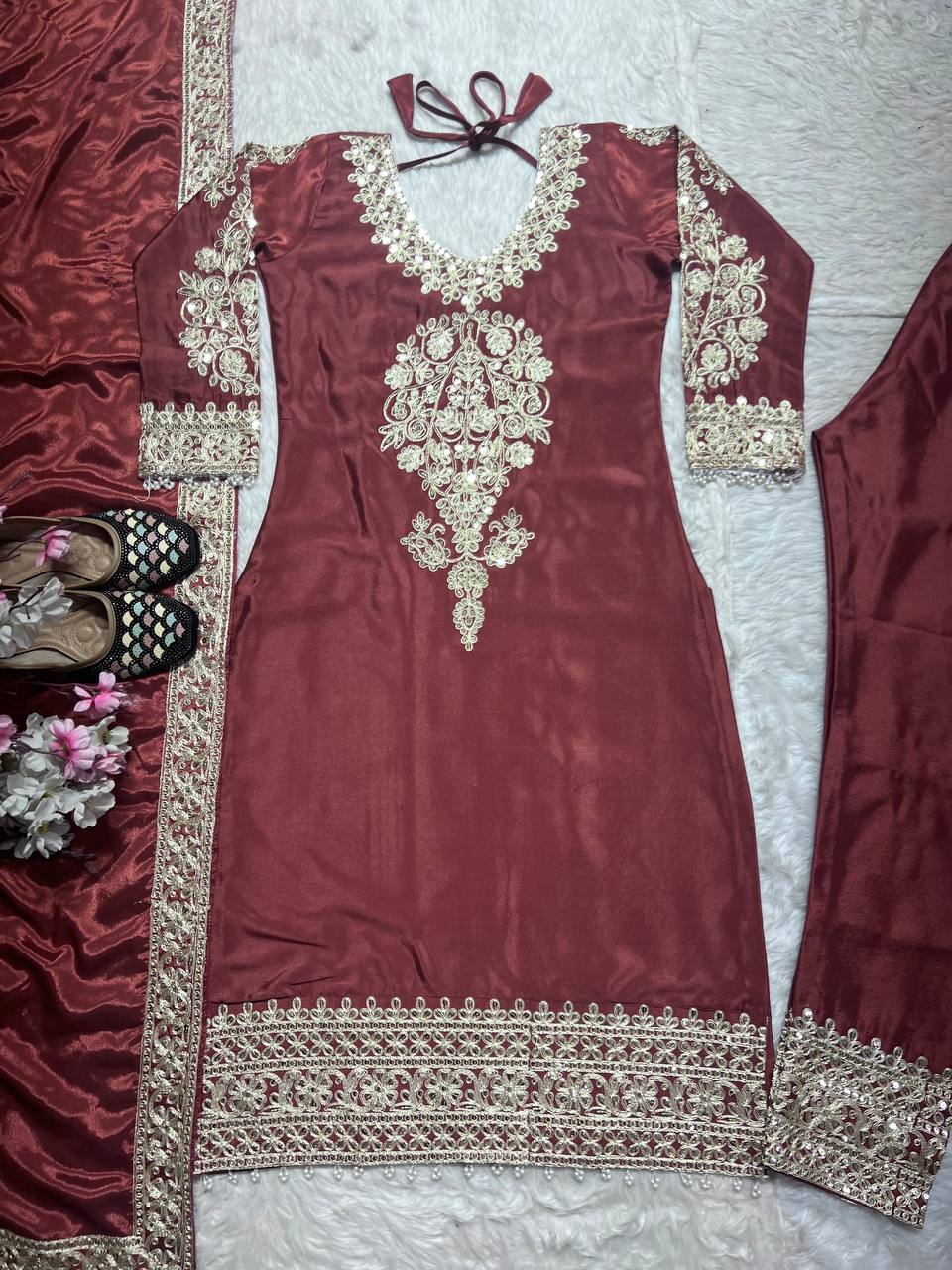 Wedding Wear Brown Color Pure Chinon Silk With Heavy Embroidery Coding Sequence Work Salwar Suit
