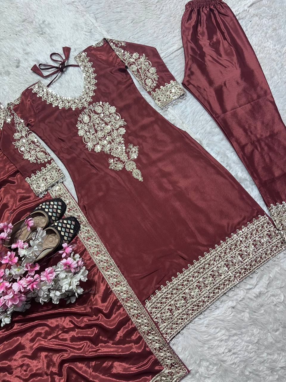 Wedding Wear Brown Color Pure Chinon Silk With Heavy Embroidery Coding Sequence Work Salwar Suit