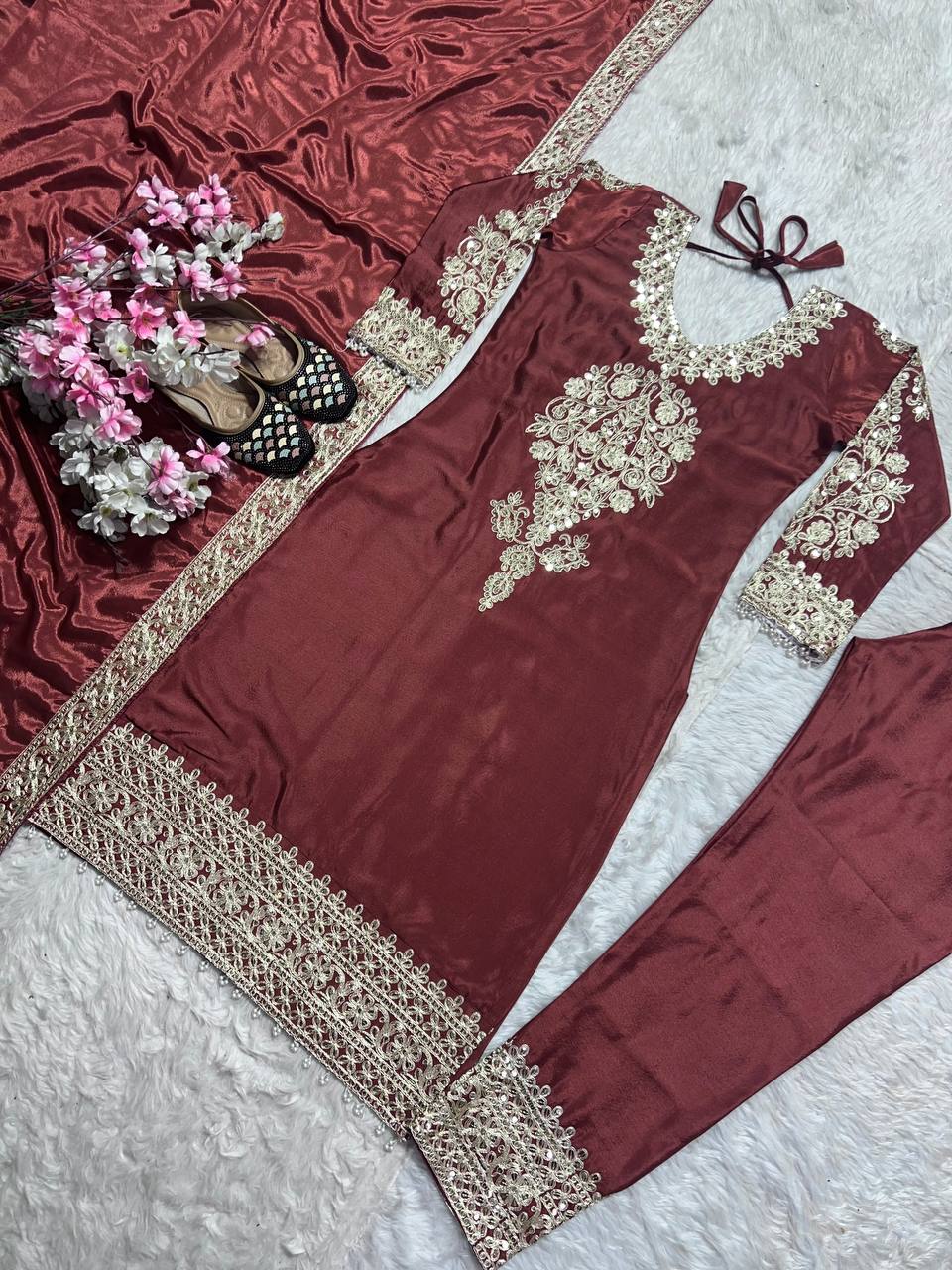 Wedding Wear Brown Color Pure Chinon Silk With Heavy Embroidery Coding Sequence Work Salwar Suit