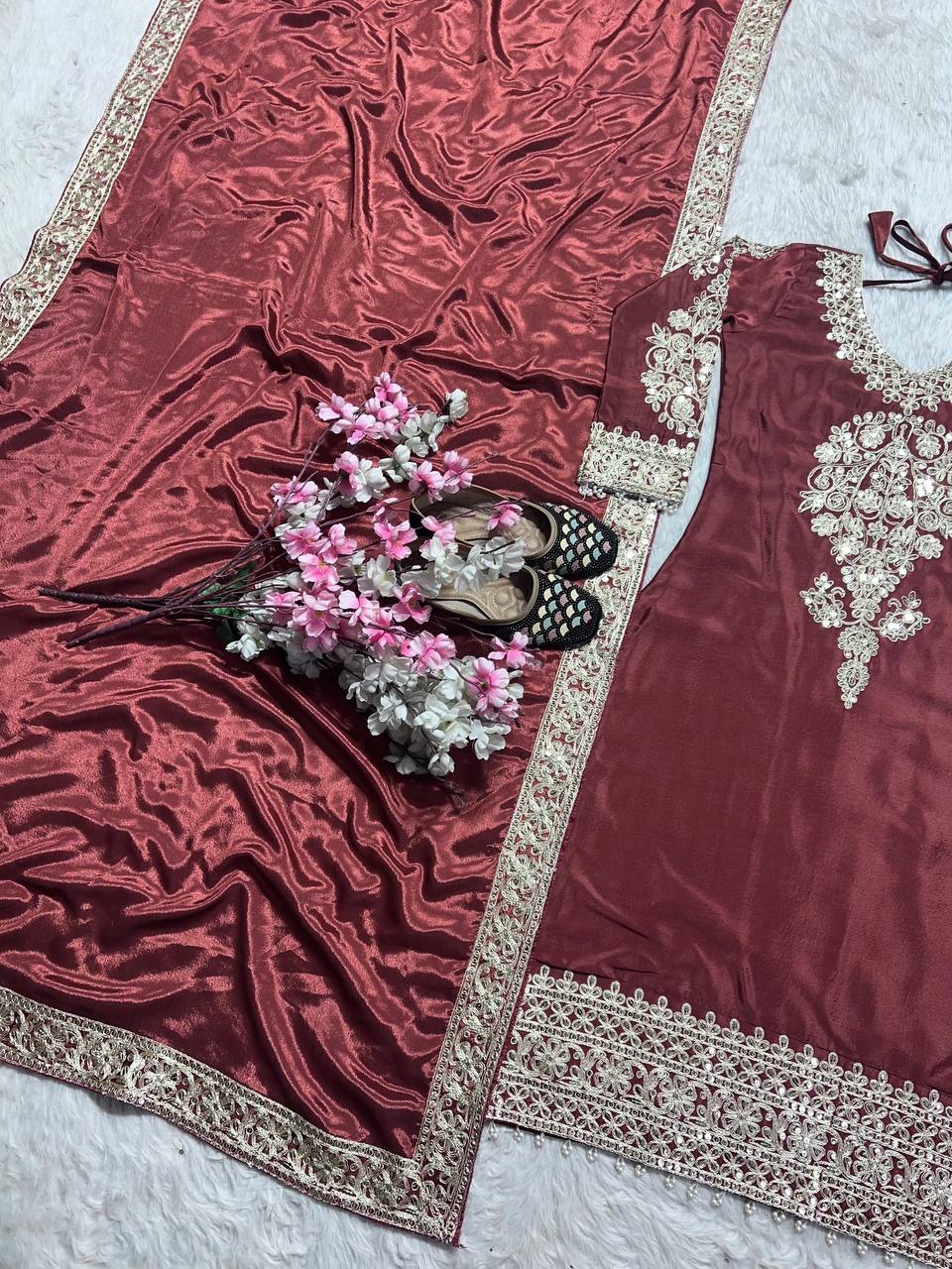 Wedding Wear Brown Color Pure Chinon Silk With Heavy Embroidery Coding Sequence Work Salwar Suit