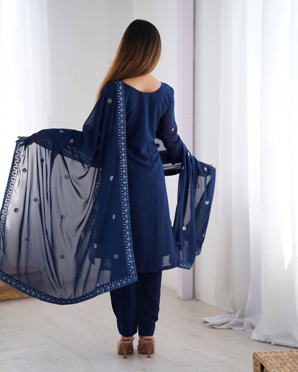 Function Wear Navy Color Faux Georgette Thread And Sequence Work Salwar Suit