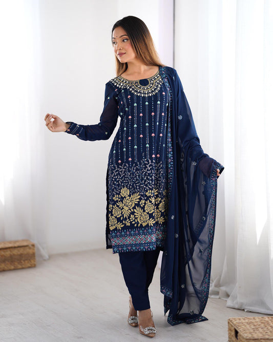 Function Wear Navy Color Faux Georgette Thread And Sequence Work Salwar Suit