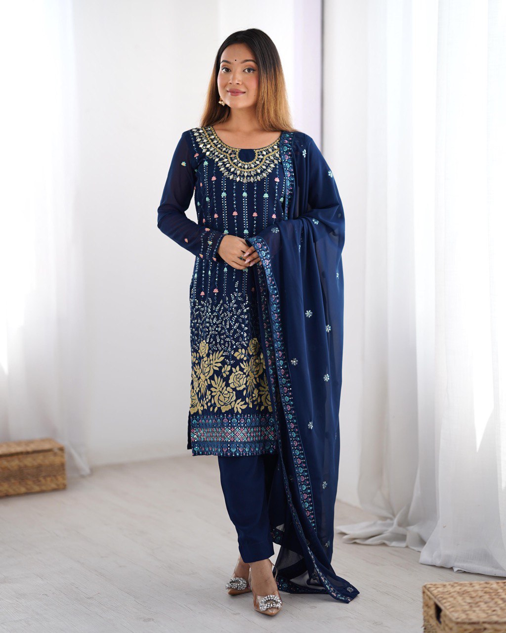 Function Wear Navy Color Faux Georgette Thread And Sequence Work Salwar Suit