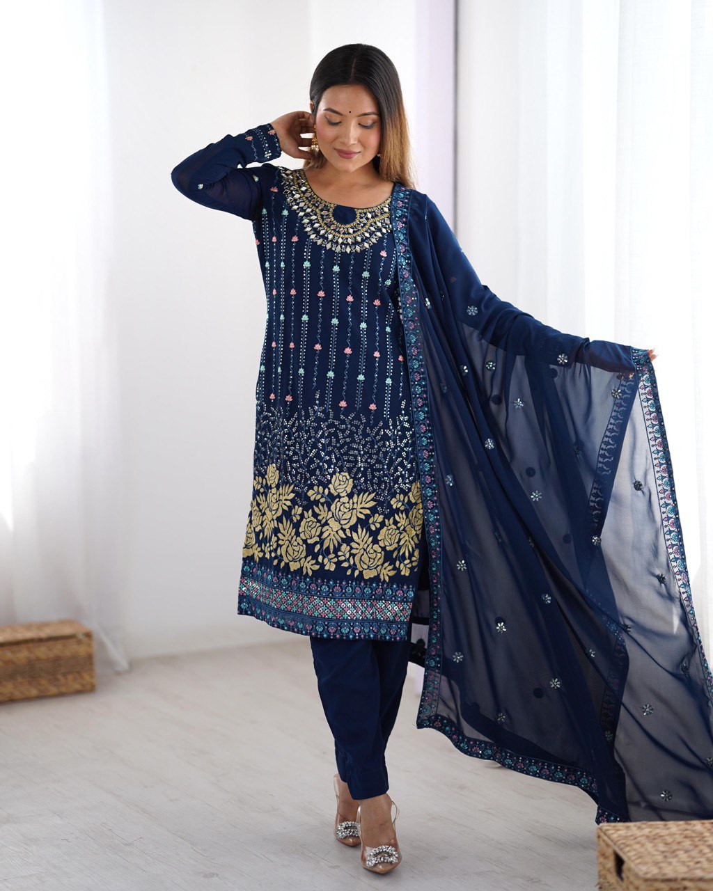 Function Wear Navy Color Faux Georgette Thread And Sequence Work Salwar Suit