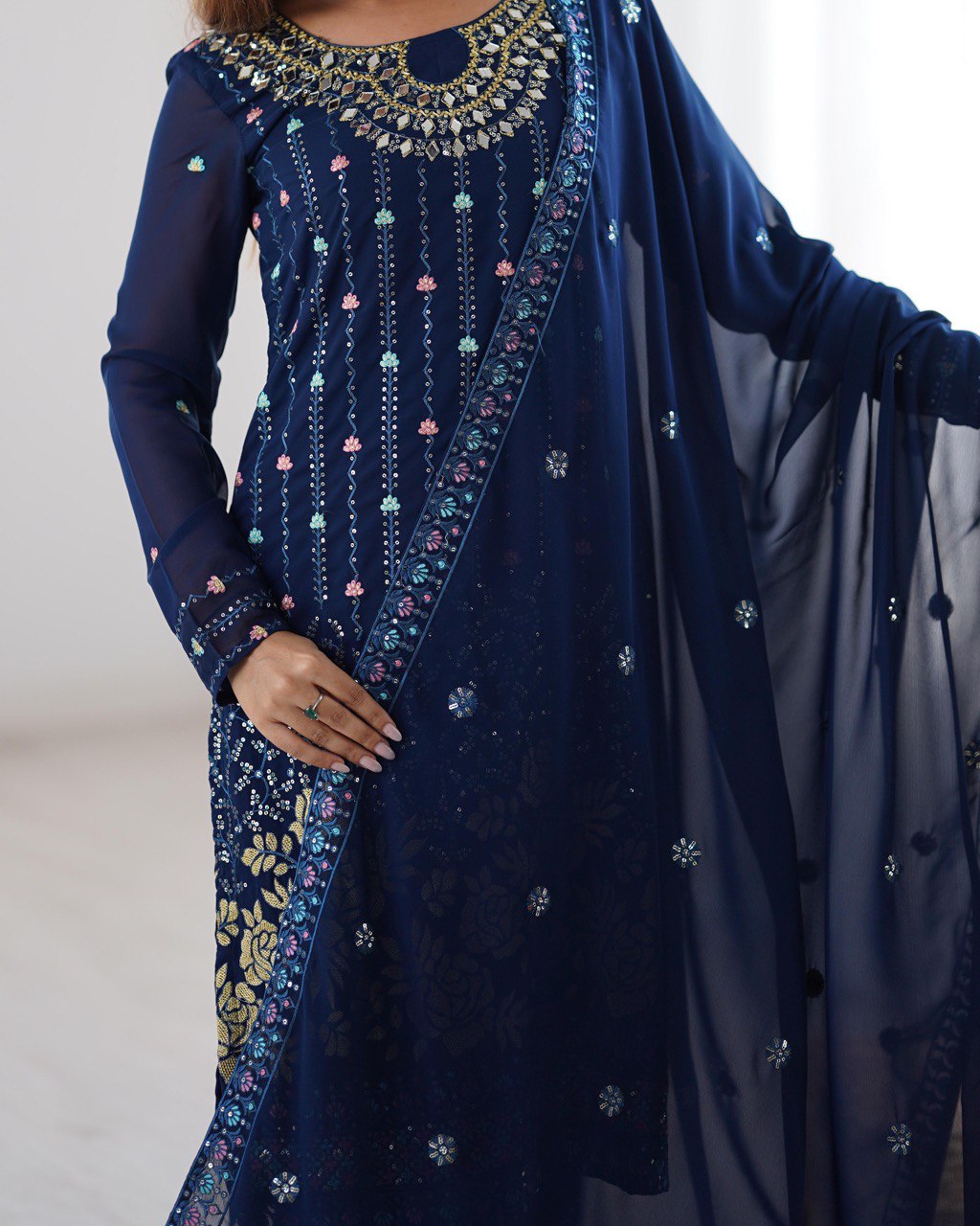 Function Wear Navy Color Faux Georgette Thread And Sequence Work Salwar Suit