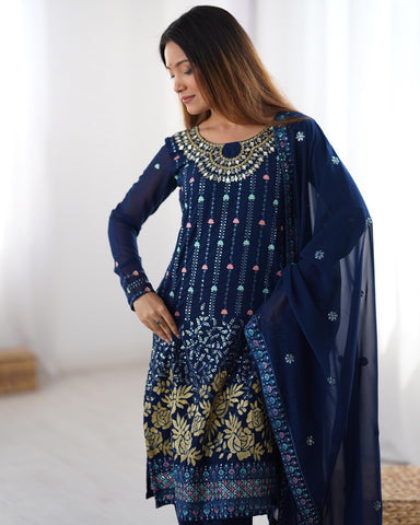 Function Wear Navy Color Faux Georgette Thread And Sequence Work Salwar Suit