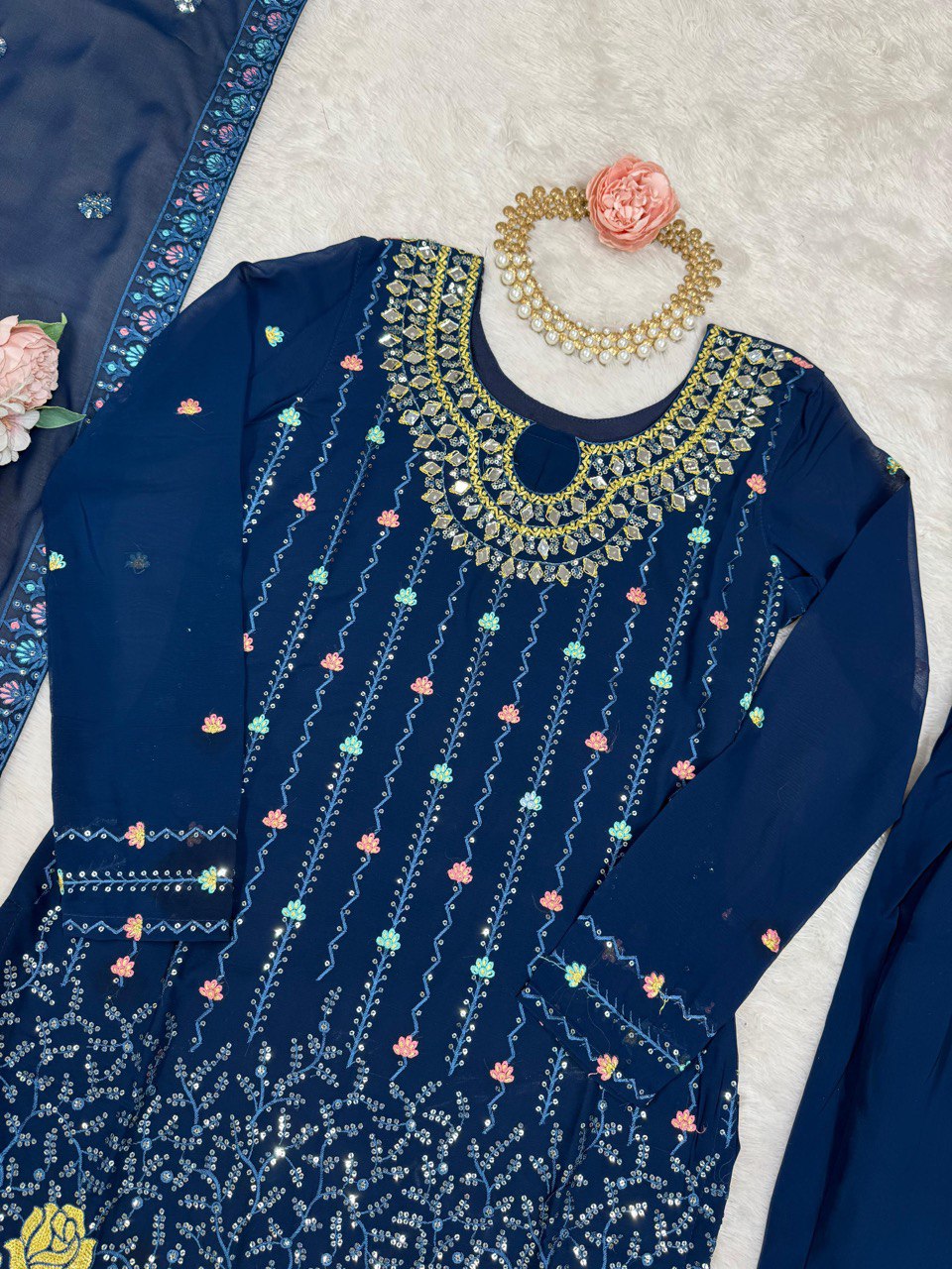 Function Wear Navy Color Faux Georgette Thread And Sequence Work Salwar Suit