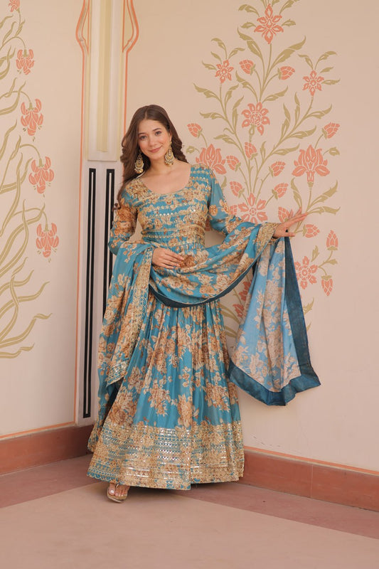 Ceremony Wear Sky Blue Color Rich Digital Print With Embroidered Sequins Work Gown
