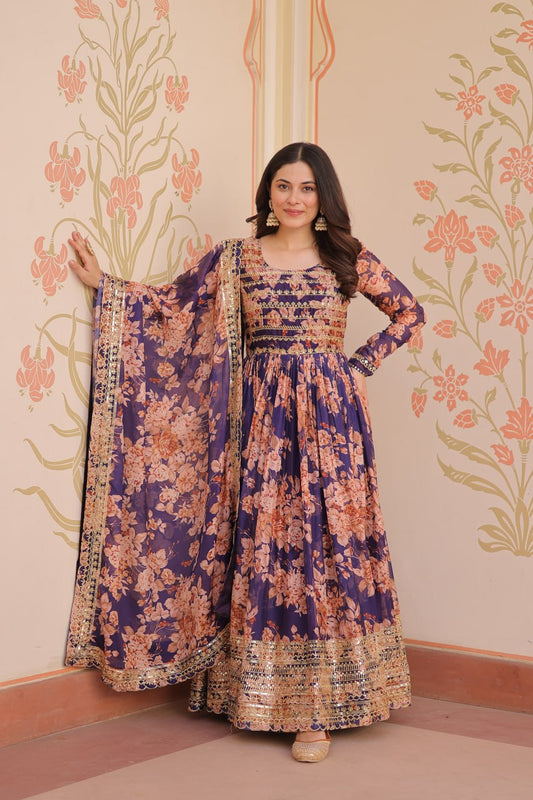 Ceremony Wear Purple Color Rich Digital Print With Embroidered Sequins Work Gown