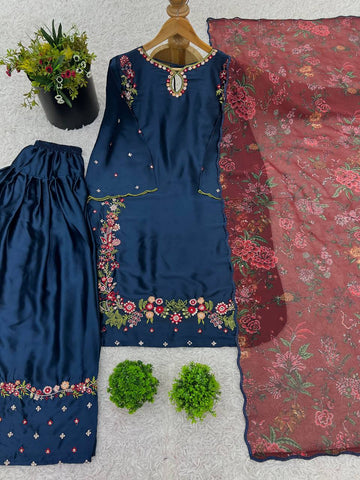 Party Wear Neavy Blue Color Pure Natural Crep Silk With Embroidery Sequence Work Salwar Suit