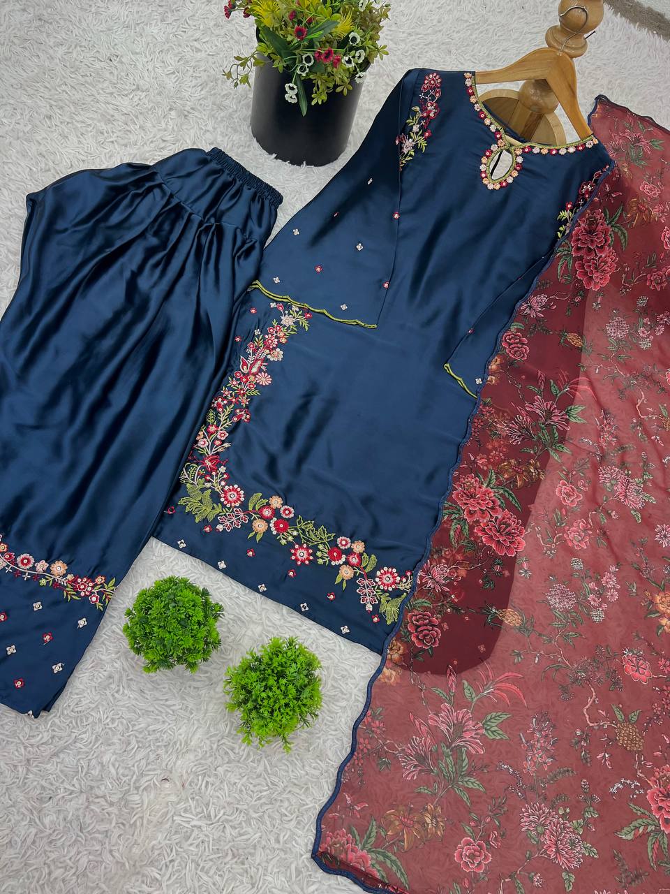 Party Wear Neavy Blue Color Pure Natural Crep Silk With Embroidery Sequence Work Salwar Suit
