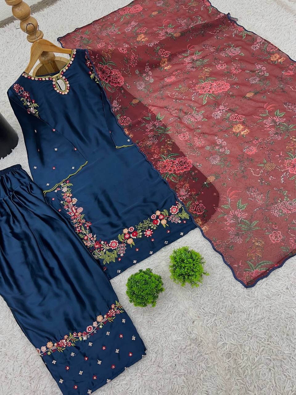 Party Wear Neavy Blue Color Pure Natural Crep Silk With Embroidery Sequence Work Salwar Suit