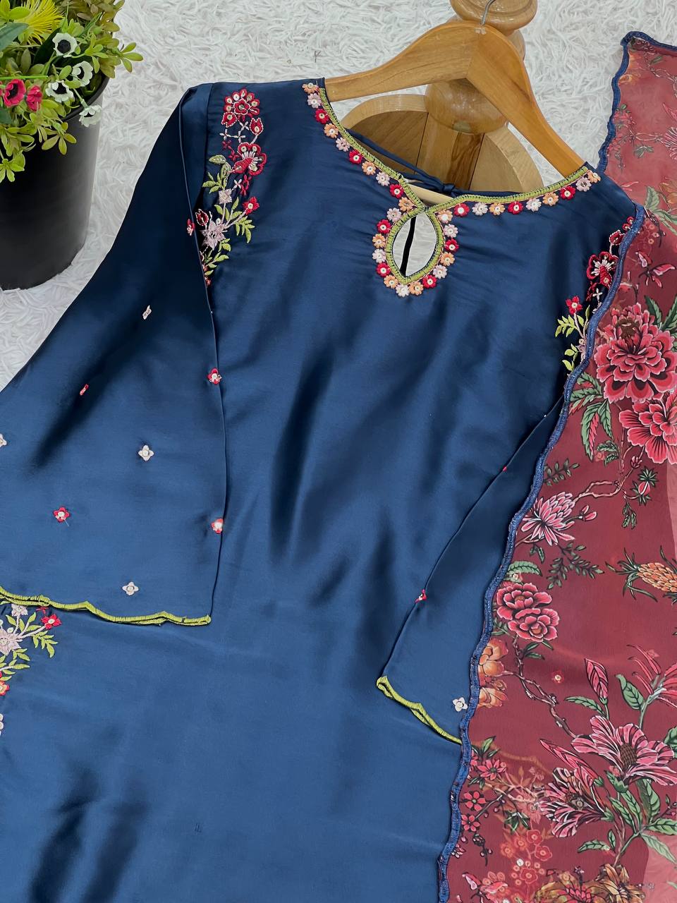 Party Wear Neavy Blue Color Pure Natural Crep Silk With Embroidery Sequence Work Salwar Suit