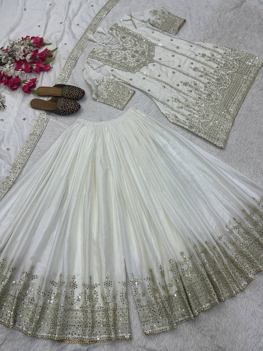 Shining White Heavy Chinon Silk With Embroidery Sequence Coding Work Sharara Suit