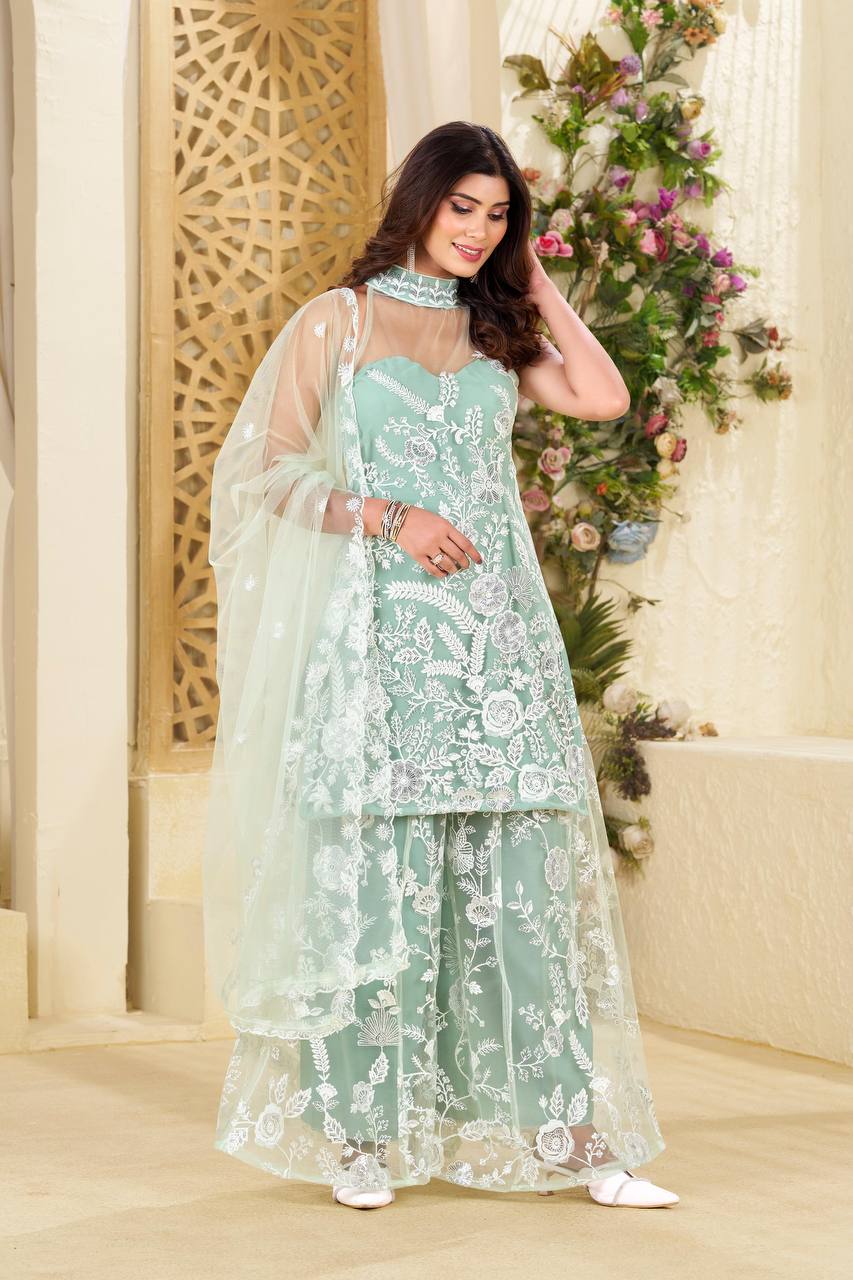 Engagement Wear Pista Green Color Butterfly Net Sequence Embroidery Work Palazzo Suit