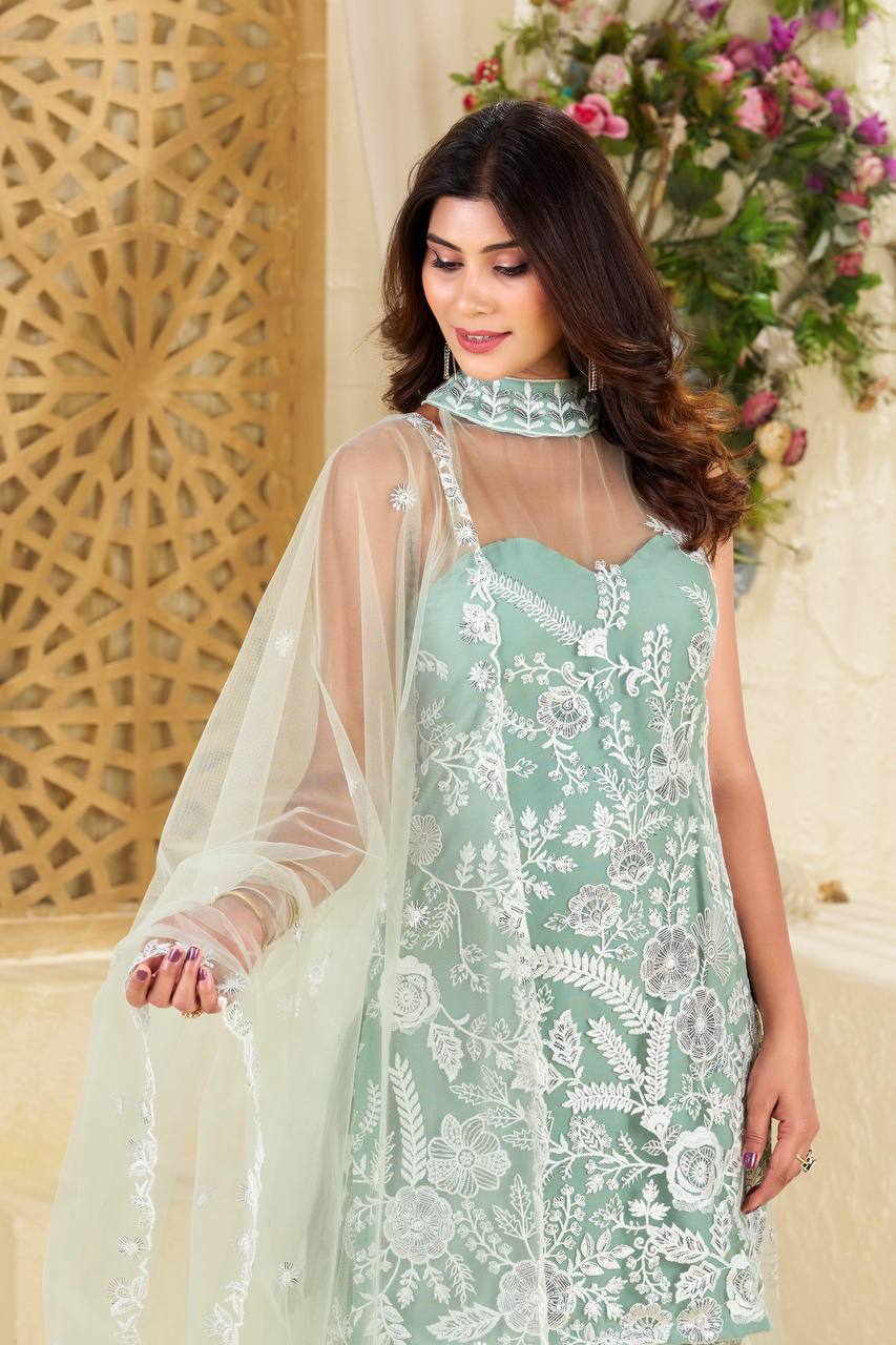 Engagement Wear Pista Green Color Butterfly Net Sequence Embroidery Work Palazzo Suit
