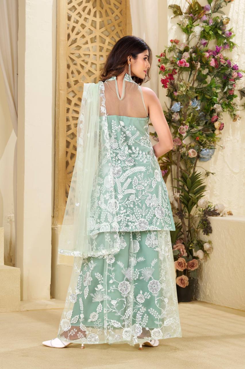 Engagement Wear Pista Green Color Butterfly Net Sequence Embroidery Work Palazzo Suit