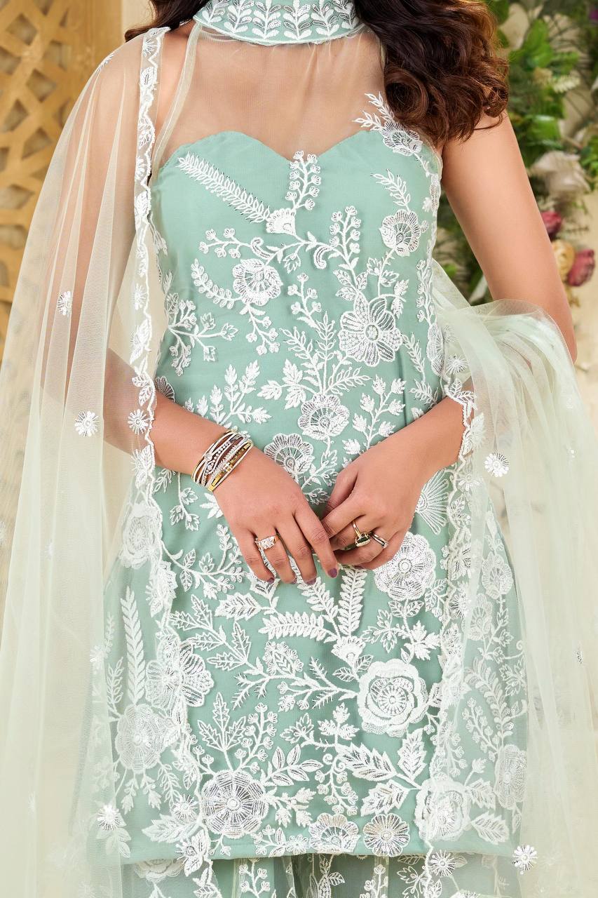 Engagement Wear Pista Green Color Butterfly Net Sequence Embroidery Work Palazzo Suit