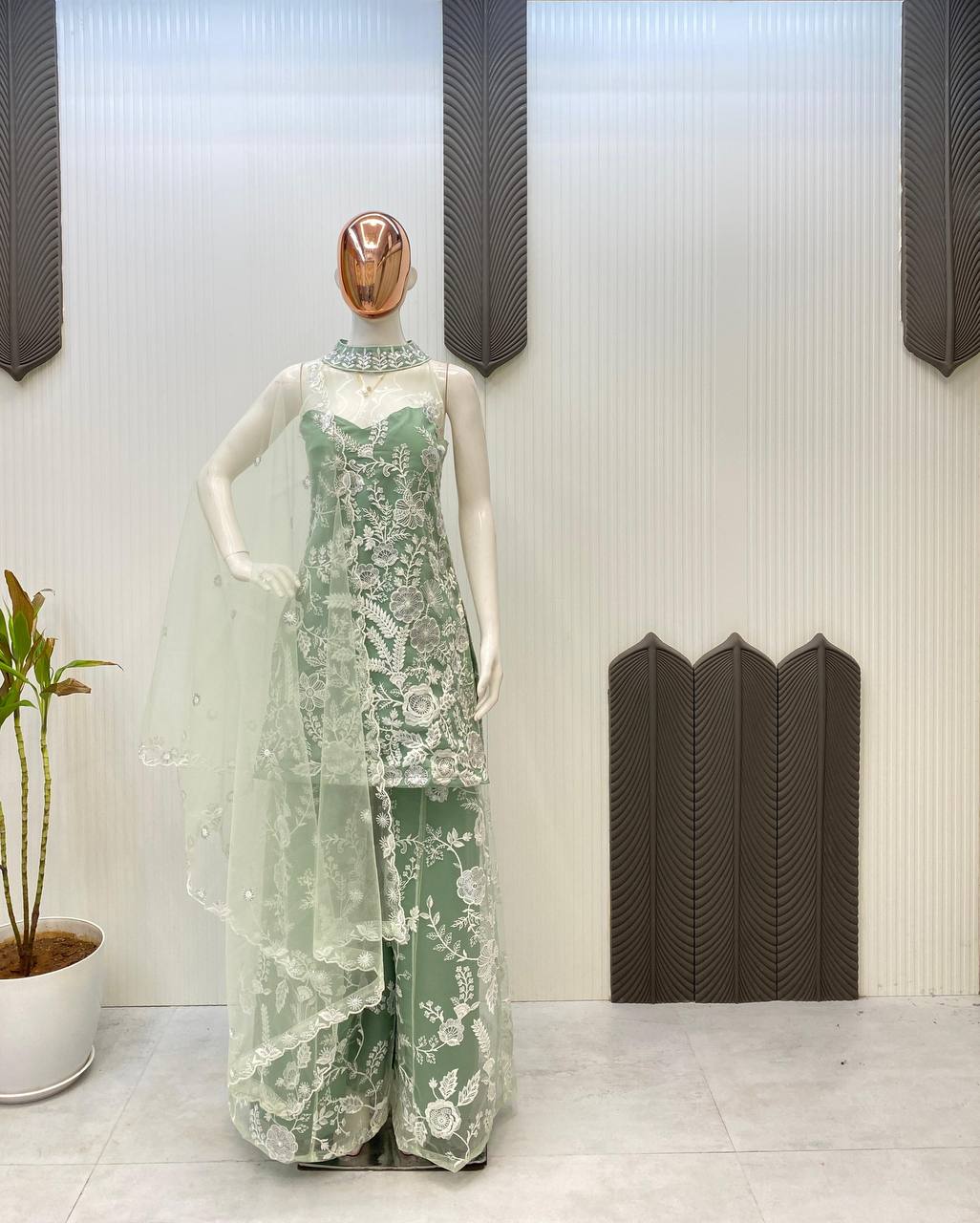 Engagement Wear Pista Green Color Butterfly Net Sequence Embroidery Work Palazzo Suit