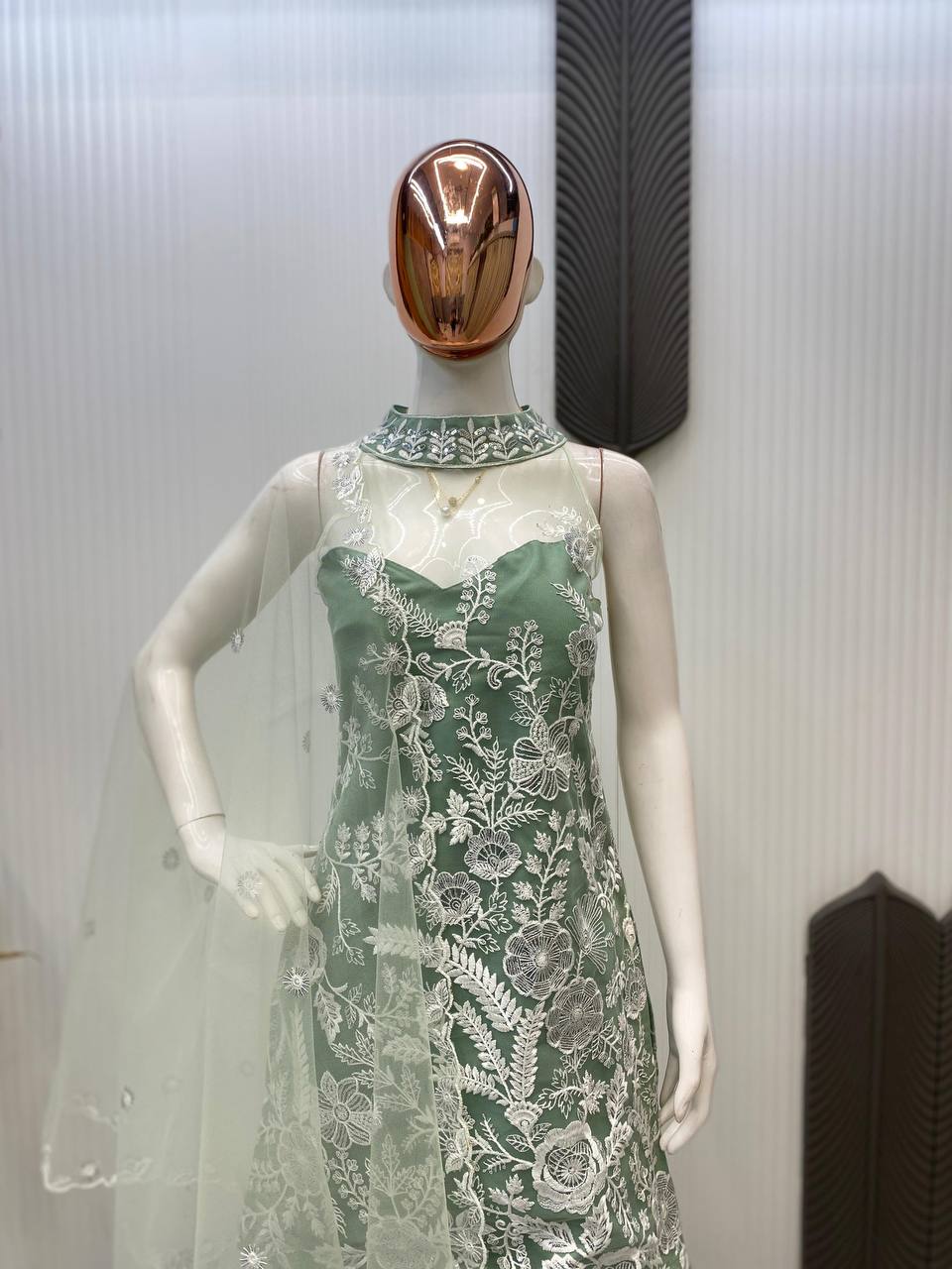 Engagement Wear Pista Green Color Butterfly Net Sequence Embroidery Work Palazzo Suit