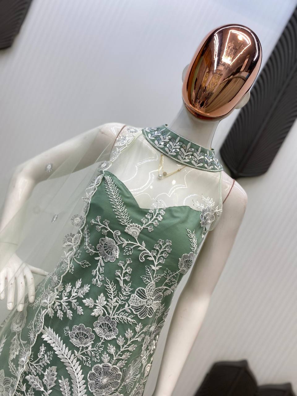 Engagement Wear Pista Green Color Butterfly Net Sequence Embroidery Work Palazzo Suit