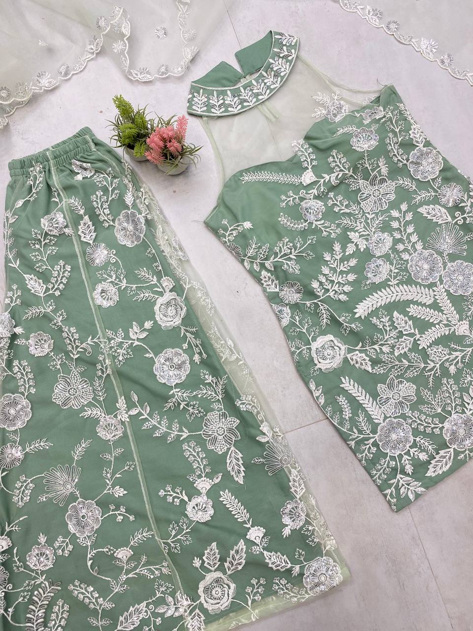 Engagement Wear Pista Green Color Butterfly Net Sequence Embroidery Work Palazzo Suit