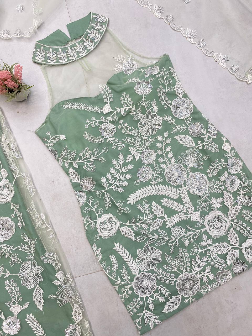 Engagement Wear Pista Green Color Butterfly Net Sequence Embroidery Work Palazzo Suit