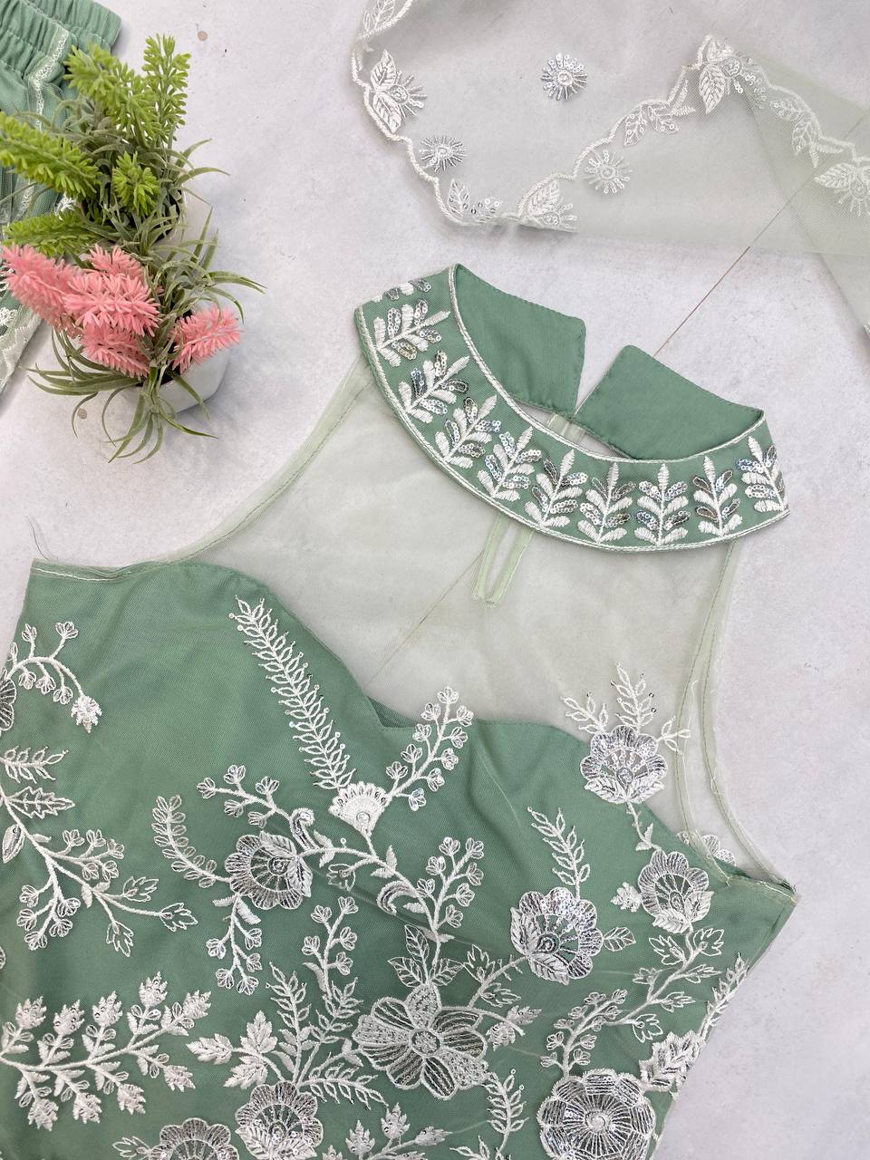 Engagement Wear Pista Green Color Butterfly Net Sequence Embroidery Work Palazzo Suit