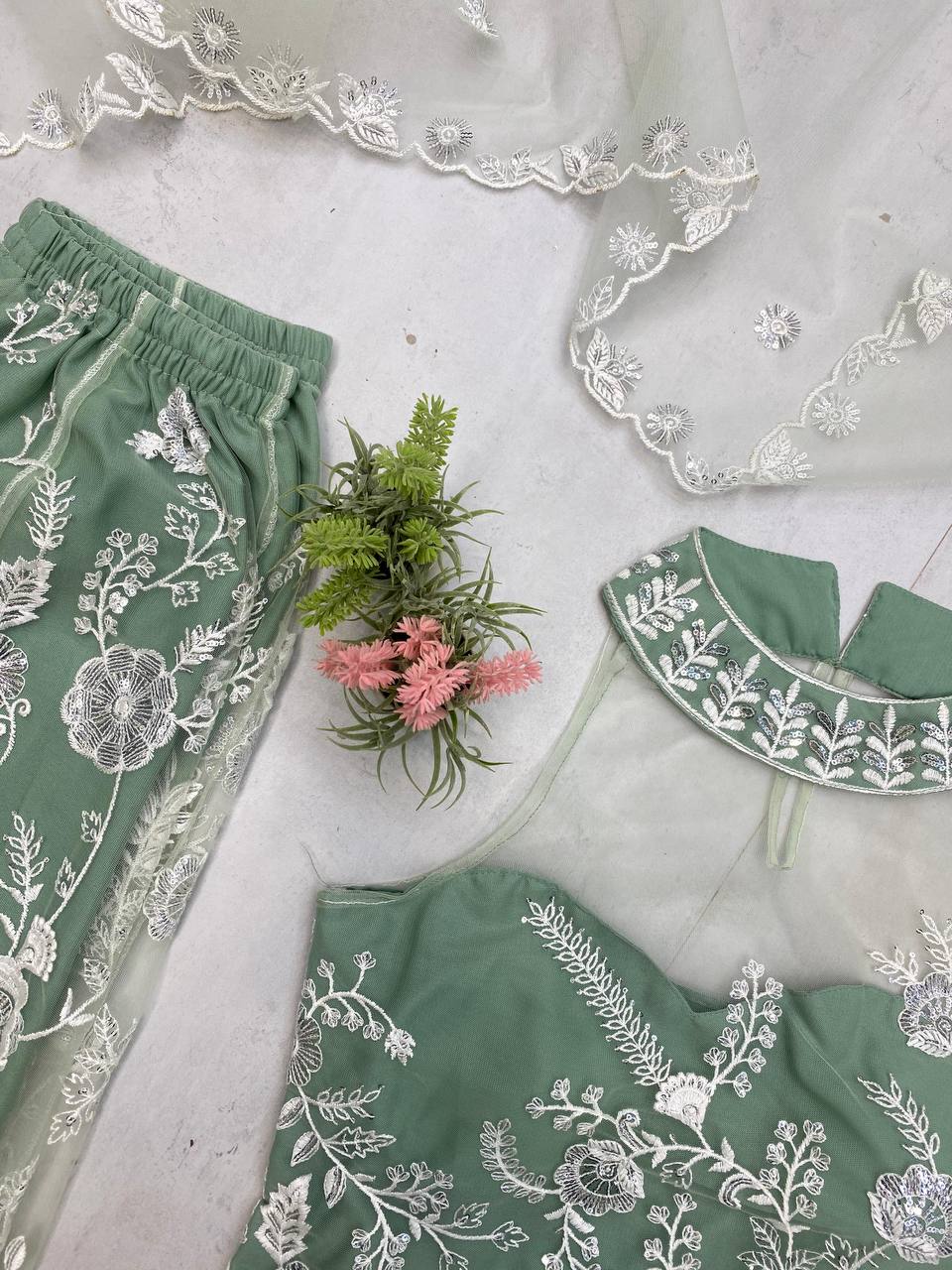 Engagement Wear Pista Green Color Butterfly Net Sequence Embroidery Work Palazzo Suit