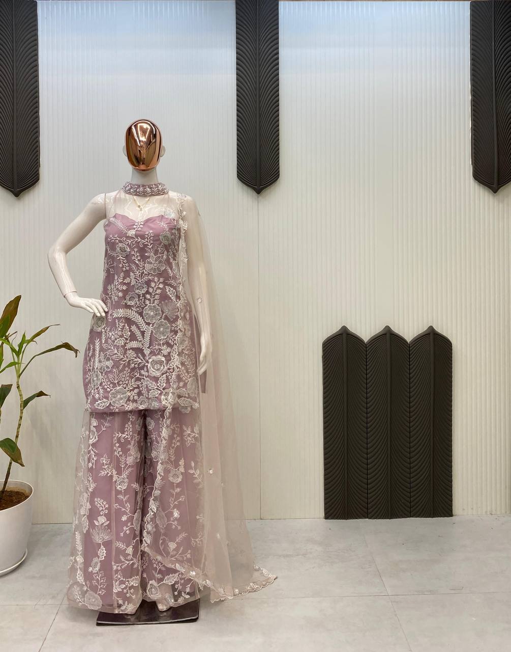 Engagement Wear Dusty Pink Color Butterfly Net Sequence Embroidery Work Palazzo Suit