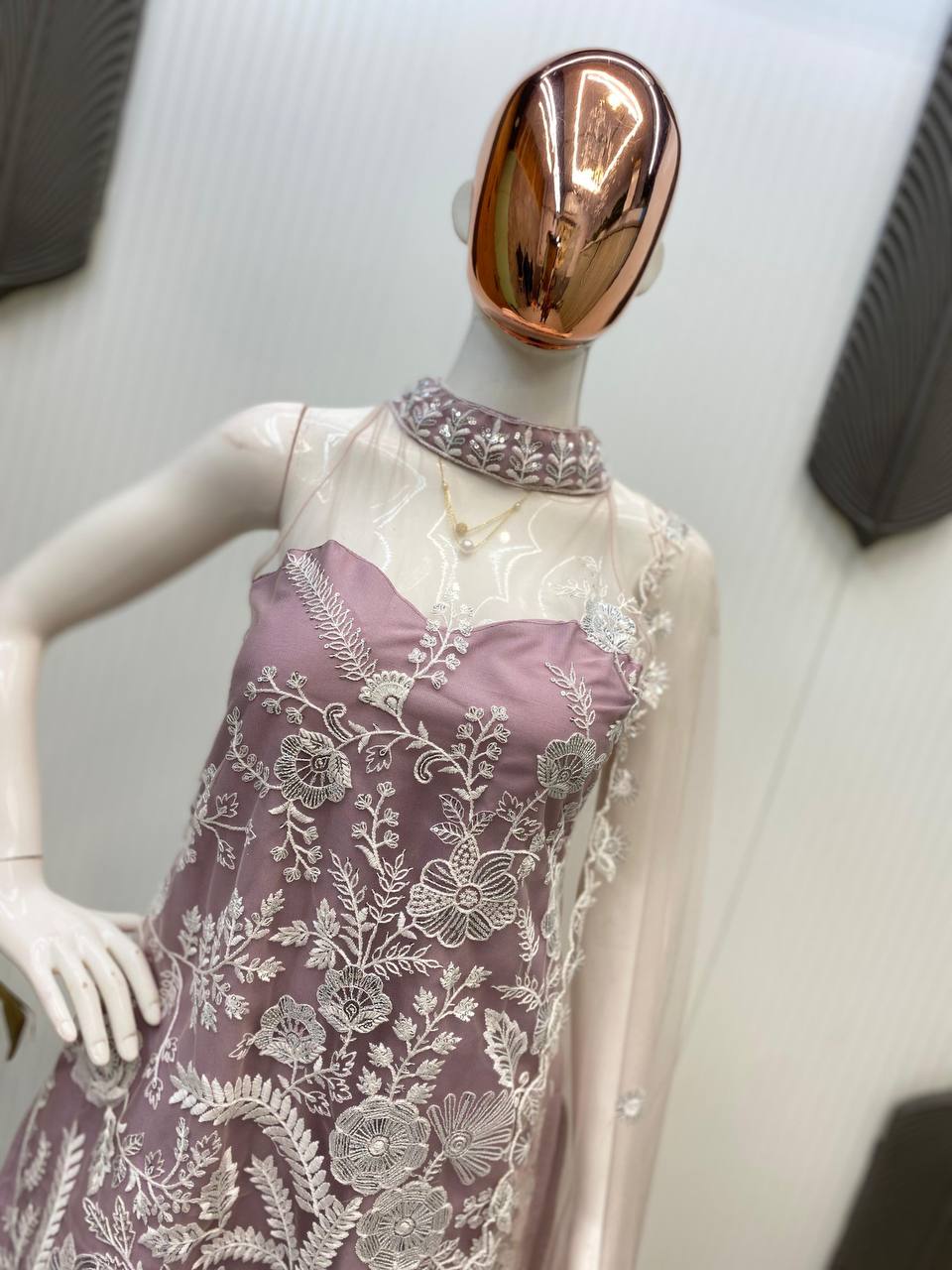 Engagement Wear Dusty Pink Color Butterfly Net Sequence Embroidery Work Palazzo Suit