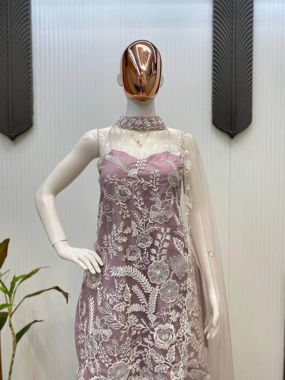 Engagement Wear Dusty Pink Color Butterfly Net Sequence Embroidery Work Palazzo Suit