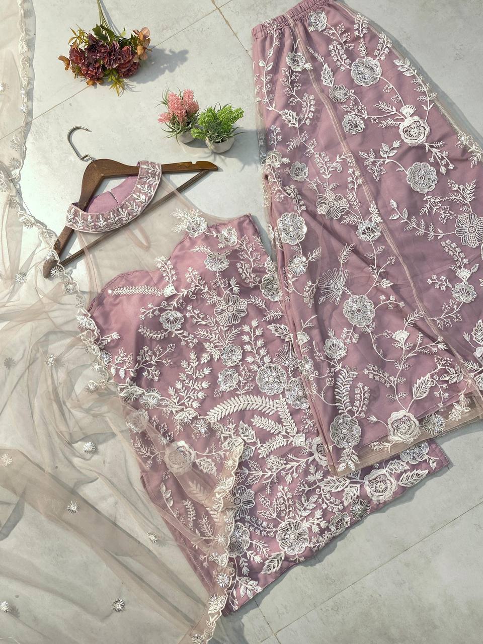 Engagement Wear Dusty Pink Color Butterfly Net Sequence Embroidery Work Palazzo Suit