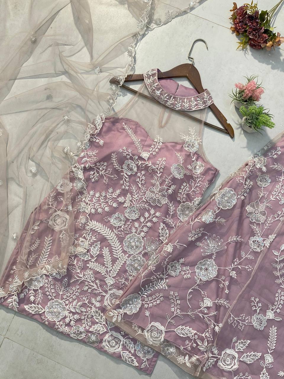 Engagement Wear Dusty Pink Color Butterfly Net Sequence Embroidery Work Palazzo Suit