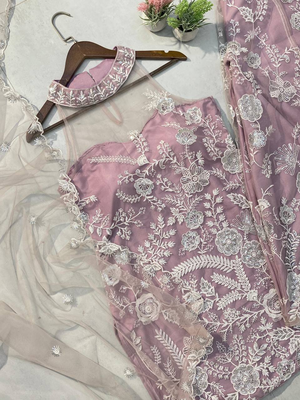 Engagement Wear Dusty Pink Color Butterfly Net Sequence Embroidery Work Palazzo Suit